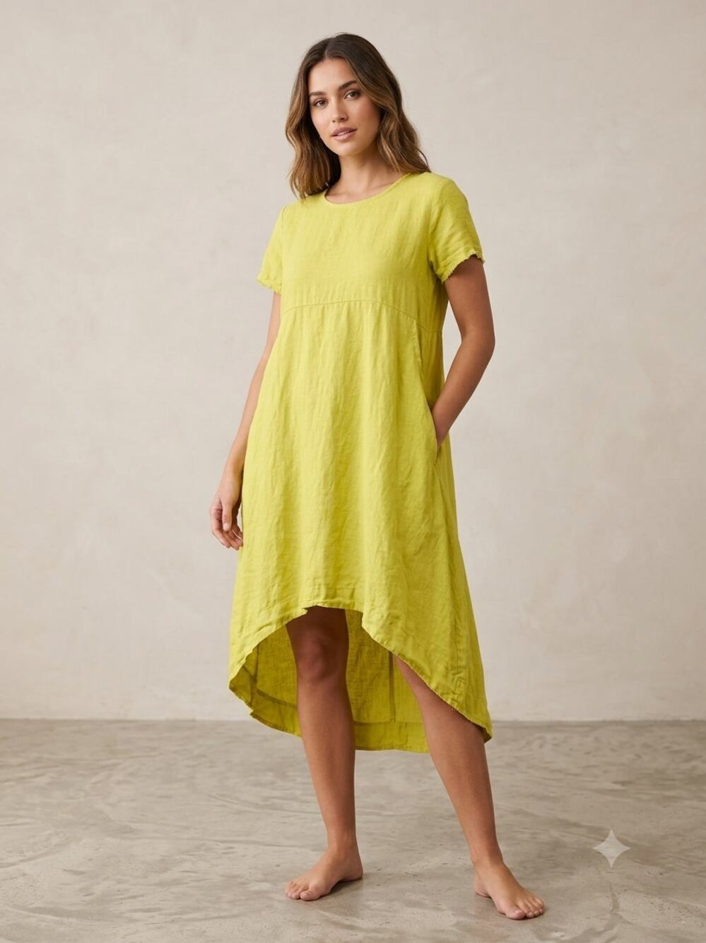 Bryn Walker Tunic Dress Womens L Yellow Linen Short Sleeve Asymmetric Hi-Low Hem